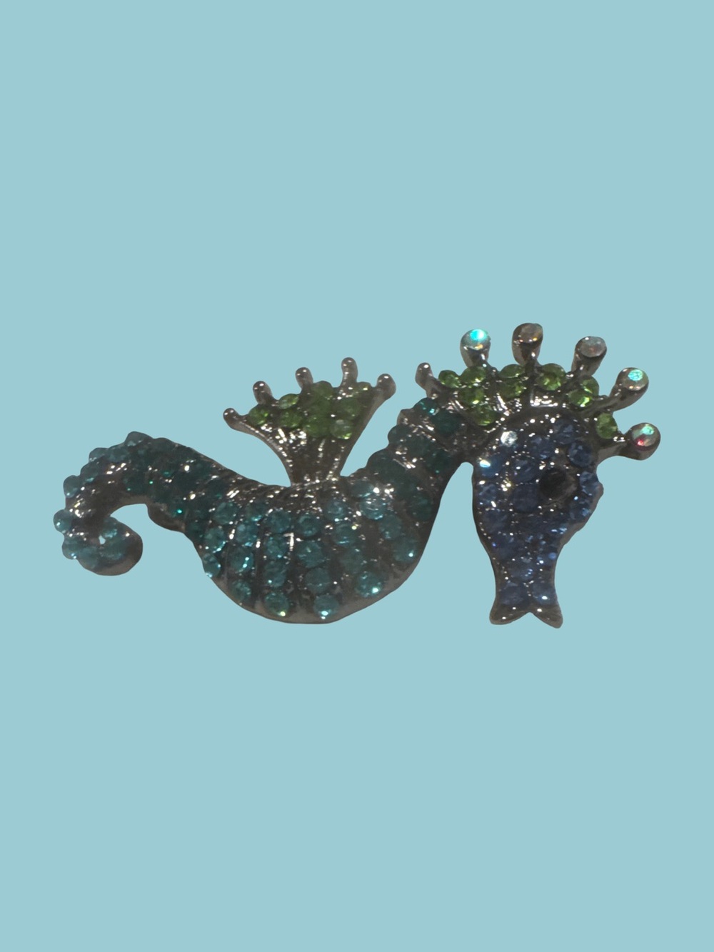 Seahorse Crystal Brooch in Blue and Green